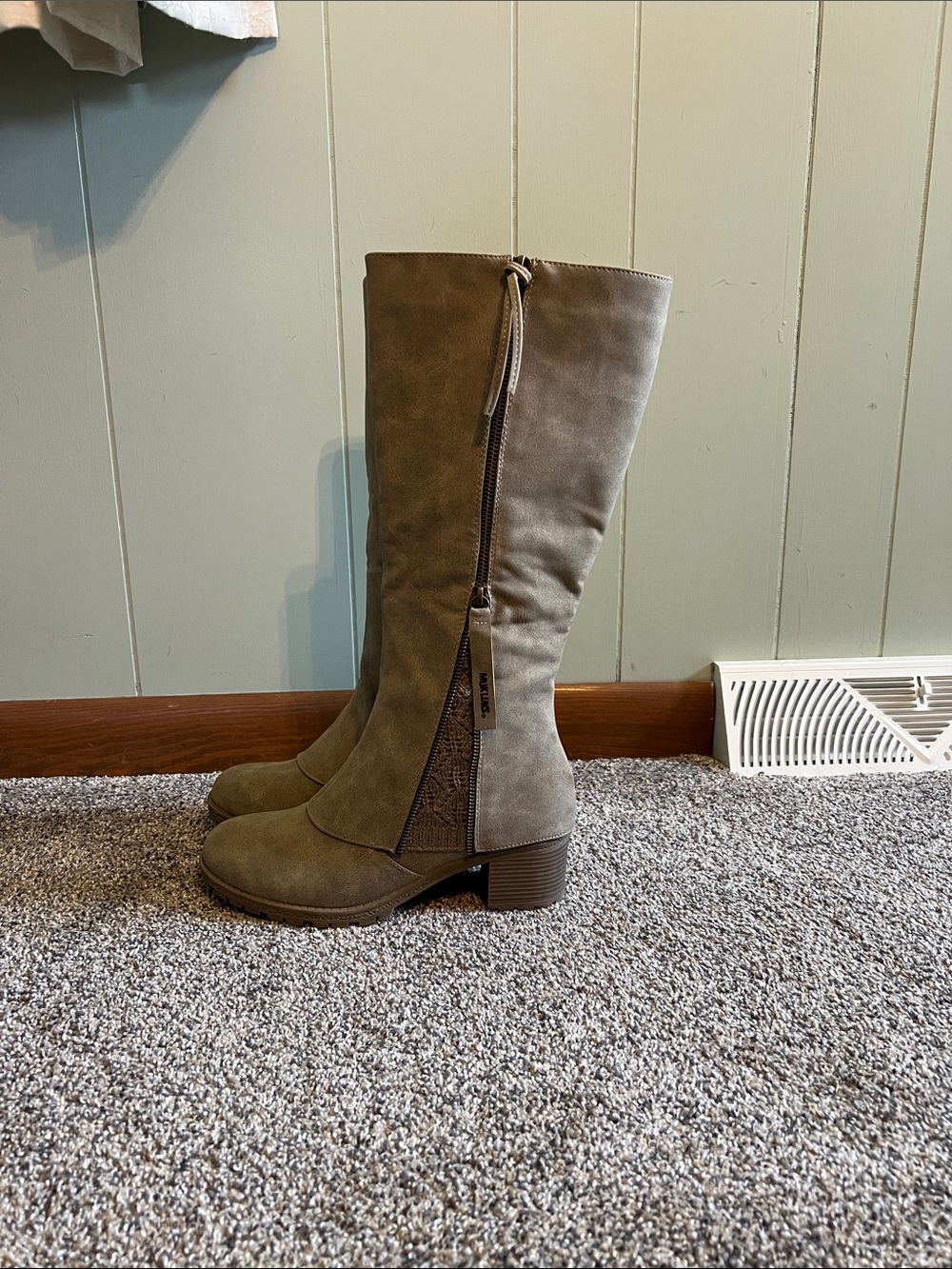 NWOT- Muk Luks Women's Taupe Knee-High Block Heel Boots. Never worn.